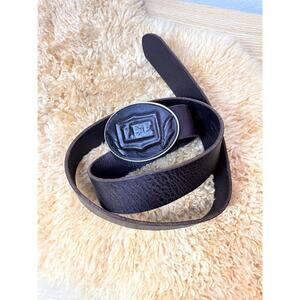 Lee Cowboy Brown Leather Belt With Oval Metal Buckle Made In Italy